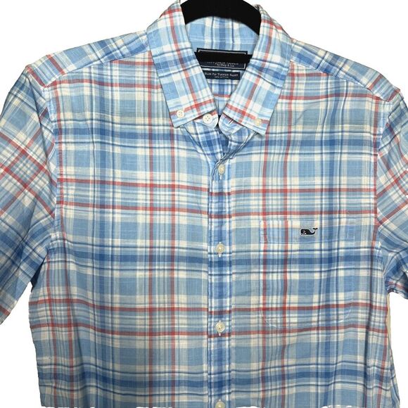 Vineyard Vines Men Slim Tucker Shirt Short Sleeves Cotton Plaid Blue and Red S - Picture 2 of 6